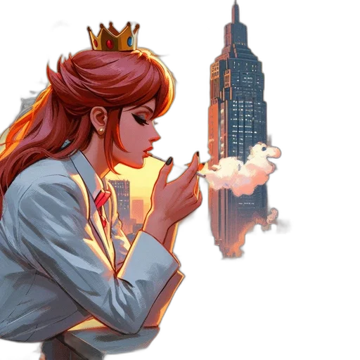 crown, concept art, comic book art, fantasy art, pixel art, fire, city street, side-profile transparent PNG cut-out