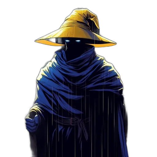mask, hat, jacket, staff, concept art, comic book art, cyberpunk, fantasy art transparent PNG cut-out