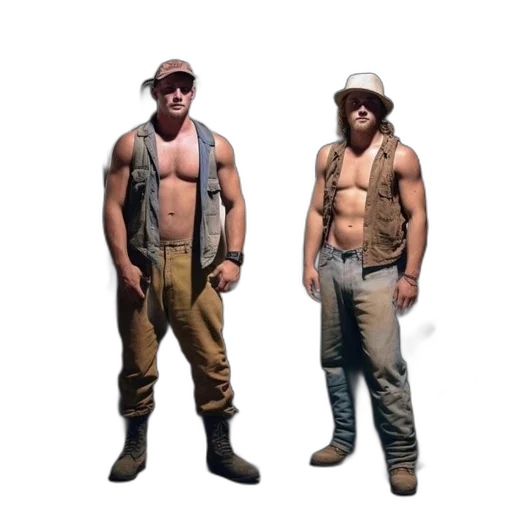 hat, concept art, 3d render, pixel art, two, shirtless, men, mason transparent PNG cut-out