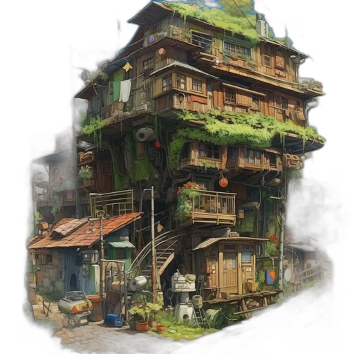 building, concept art, fantasy art, photorealistic, 3d render, city street, rain, fog transparent PNG cut-out