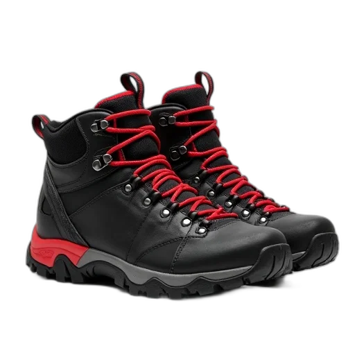 shoes, 3d render, pair, black, hiking, boots, red, laces transparent PNG cut-out