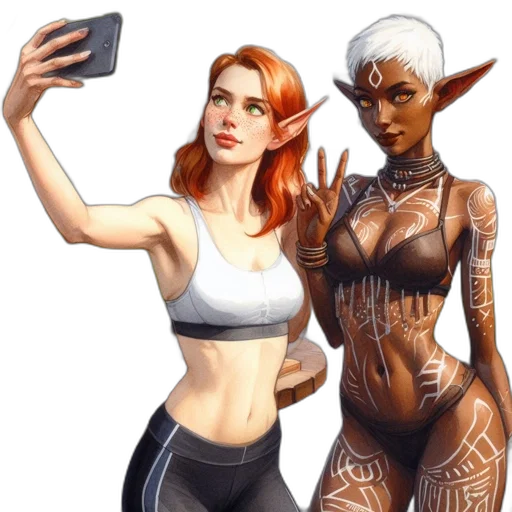 fantasy art, concept art, comic book art, pixel art, two, females, distinctive, features transparent PNG cut-out