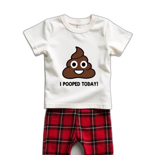 toddler, outfit, consisting, white, t-shirt, cartoonish, brown, poop transparent PNG cut-out