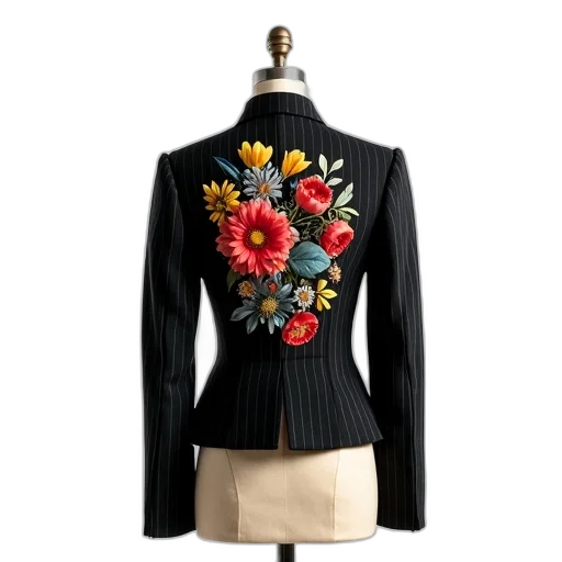 jacket, dress, 3d render, black, pinstriped, floral, pattern, back transparent PNG cut-out
