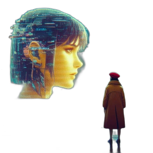 robot, jacket, face, cyberpunk, concept art, pixel art, comic book art, neon lights transparent PNG cut-out
