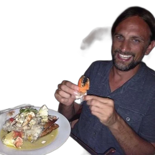 food, man, enjoys, plate, seafood, restaurant, warm, inviting transparent PNG cut-out