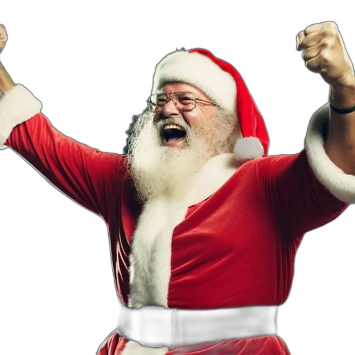 man, dressed, santa, claus, triumphantly, raises, his, fists transparent PNG cut-out