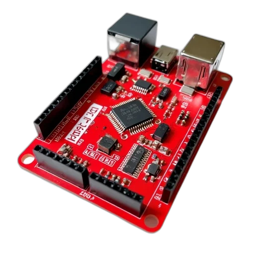 robot, red, electronic, circuit, board, various, components, such transparent PNG cut-out