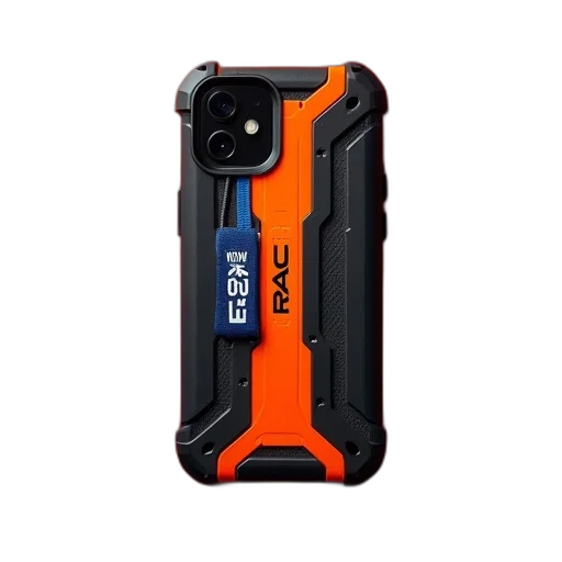 black, orange, smartphone, case, brand, name, rac, displayed transparent PNG cut-out