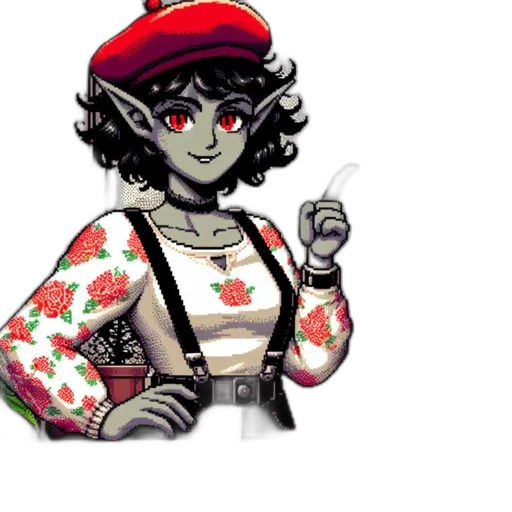 staff, hat, dress, jewelry, pixel art, concept art, fantasy art, cartoon transparent PNG cut-out