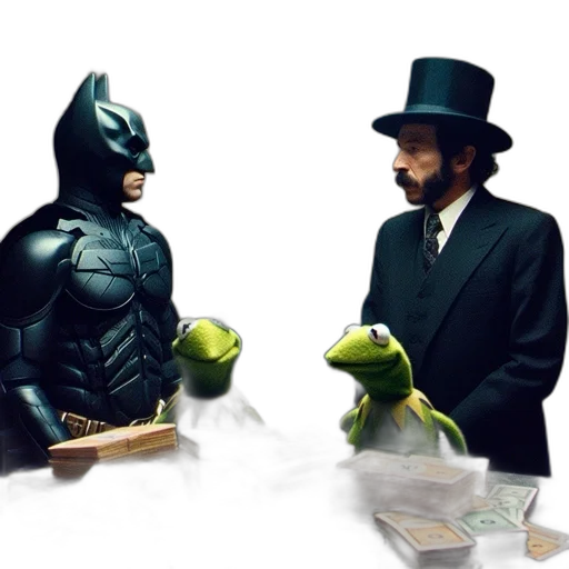 comic book art, concept art, 3d render, batman, stands, beside, muppet, characters transparent PNG cut-out