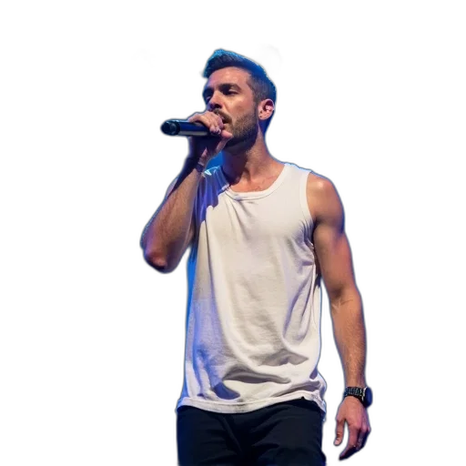 male, singer, performing, stage, holding, microphone, his, right transparent PNG cut-out