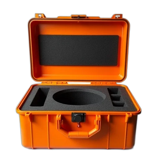 bright, orange, toolbox, black, interior, open, revealing, compartment transparent PNG cut-out