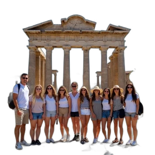 staff, building, group, tourists, posing, photo, front, ancient transparent PNG cut-out