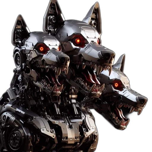 robot, concept art, 3d render, cyberpunk, imposing, robotic, canid, fiery transparent PNG cut-out