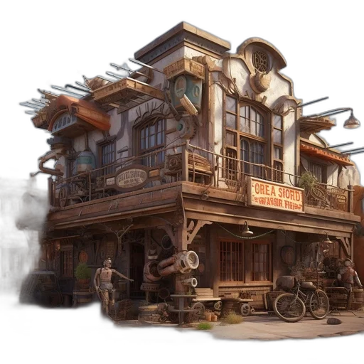 building, furniture, concept art, fantasy art, 3d render, photorealistic, city street, fog transparent PNG cut-out