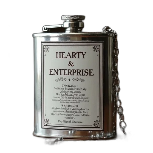 bottle, silver, flask, chain, attached, featuring, label, reads transparent PNG cut-out