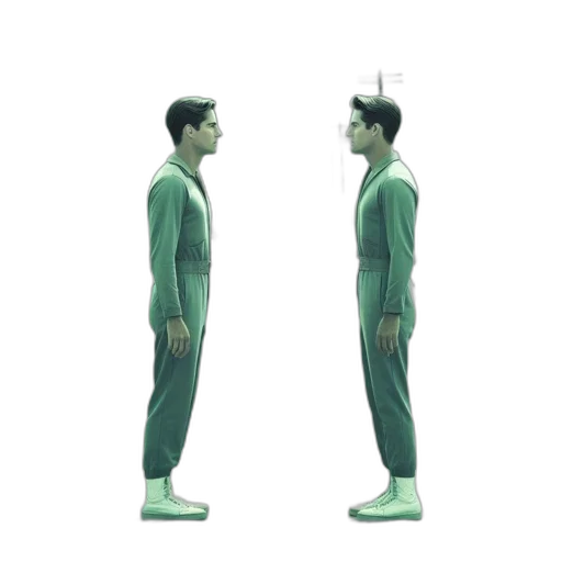 robot, staff, 3d render, concept art, vaporwave, green, two, identical transparent PNG cut-out