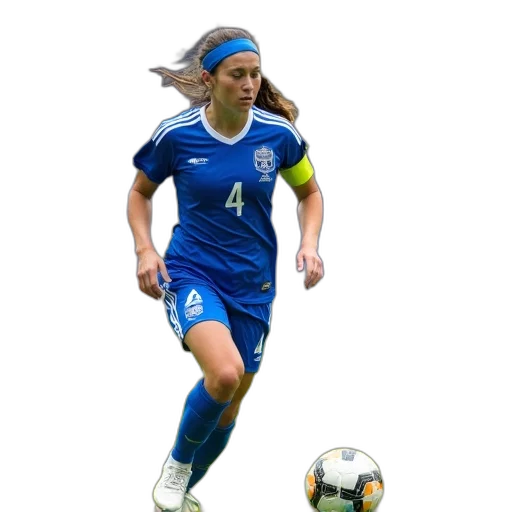 photorealistic, female, soccer, player, blue, white, uniform, number transparent PNG cut-out