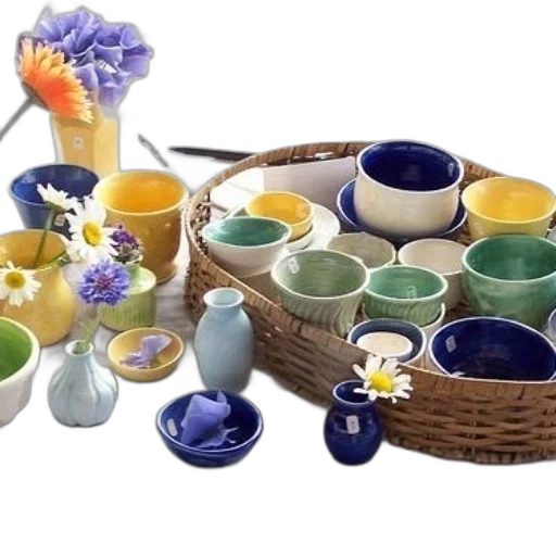 3d render, photorealistic, blue, colorful, monochrome, variety, ceramic, bowls transparent PNG cut-out