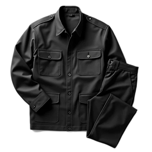 jacket, black, military-style, outfit, consisting, pants, displayed, against transparent PNG cut-out