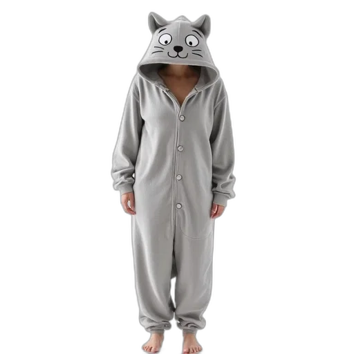 person, wearing, grey, onesie, cartoon, cat, face, hood transparent PNG cut-out