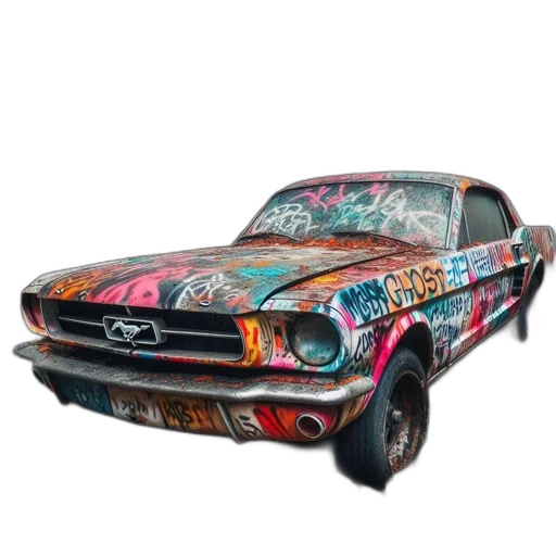 car, photorealistic, concept art, watercolor, old, graffiti-covered, sits, wooded transparent PNG cut-out