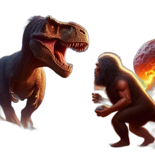 creature, concept art, 3d render, fantasy art, fire, caveman, confronts, tyrannosaurus transparent PNG cut-out