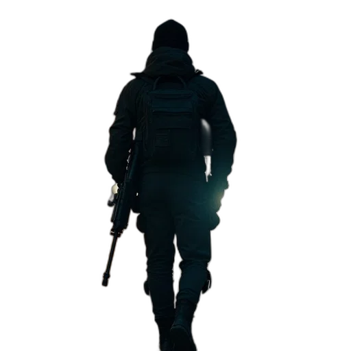 jacket, weapon, staff, mask, concept art, pixel art, 3d render, cyberpunk transparent PNG cut-out
