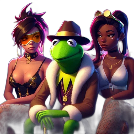 concept art, fantasy art, cartoon, cyberpunk, neon lights, neon, three, characters transparent PNG cut-out
