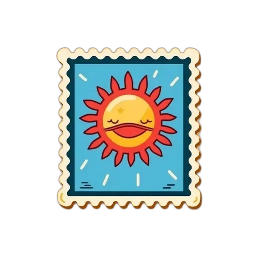 pixel art, square-shaped, stamp, features, illustration, smiling, sun, yellow transparent PNG cut-out