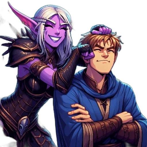 staff, fantasy art, concept art, pixel art, comic book art, two, animated, characters transparent PNG cut-out