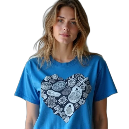 blue, woman, wearing, t-shirt, detailed, illustration, various, fossils transparent PNG cut-out