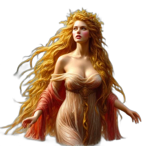 dress, hair, fantasy art, concept art, pixel art, photorealistic, golden, serene transparent PNG cut-out