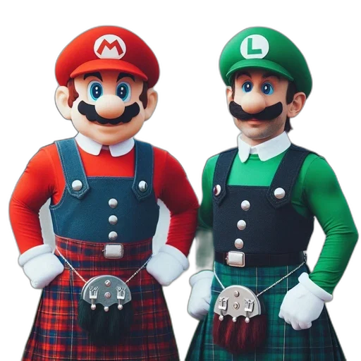 dress, mask, concept art, 3d render, two, individuals, portraying, mario transparent PNG cut-out