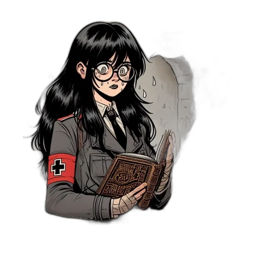 jacket, weapon, face, comic book art, cartoon, concept art, fantasy art, dimly transparent PNG cut-out