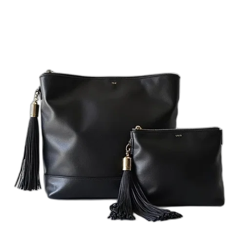dark, monochrome, two, black, leather, handbags, tassels, placed transparent PNG cut-out