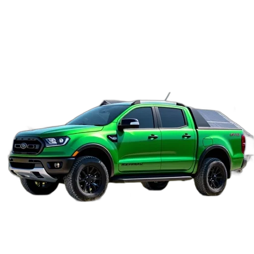 car, 3d render, photorealistic, green, pickup, truck, parked, front transparent PNG cut-out