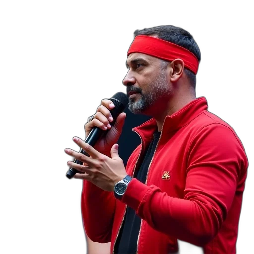 jacket, staff, red, man, headband, holding, microphone, gesturing transparent PNG cut-out