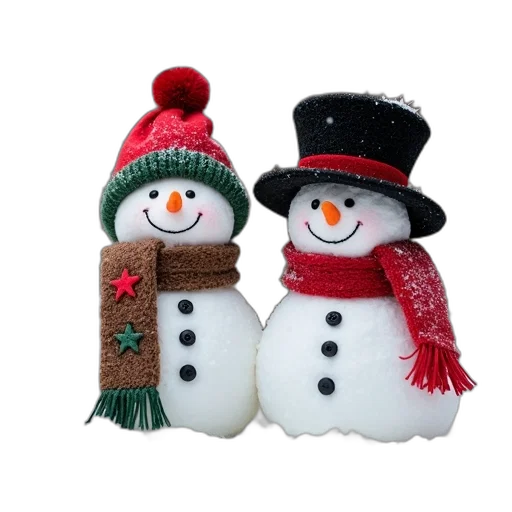snow, two, snowmen, standing, next, each, other, both transparent PNG cut-out