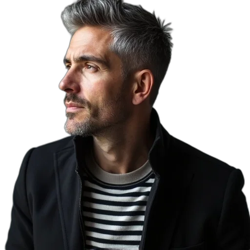 jacket, hair, staff, face, man, short, gray, wearing transparent PNG cut-out