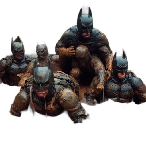 concept art, 3d render, comic book art, fantasy art, batman, cosplayers, depicted, muddy transparent PNG cut-out