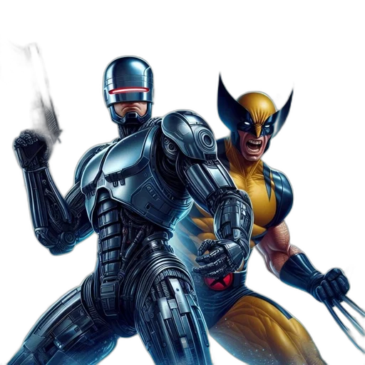comic book art, concept art, 3d render, fantasy art, futuristic, setting, robocop, wolverine transparent PNG cut-out