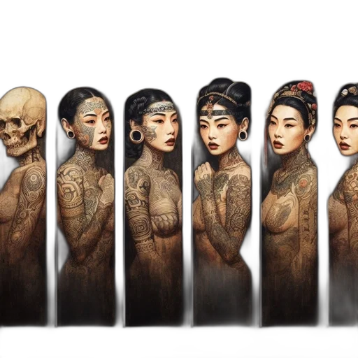 concept art, fantasy art, photorealistic, comic book art, five, panels, depict, women transparent PNG cut-out
