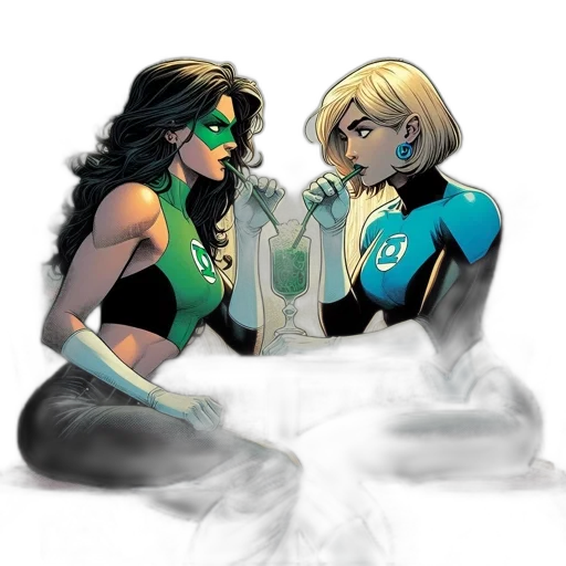 comic book art, concept art, underwater, green, two, female, superheroes, blue transparent PNG cut-out