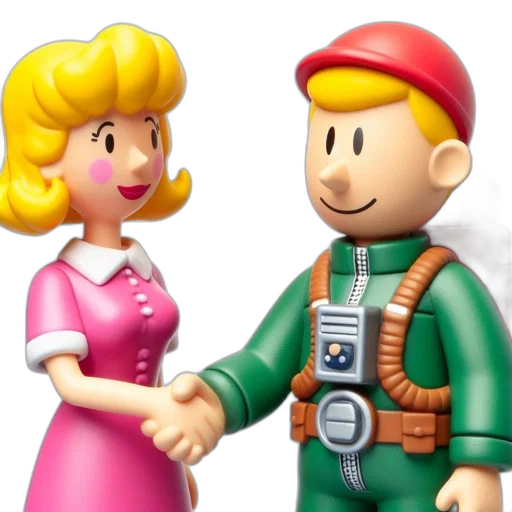 robot, furniture, 3d render, two, cartoon-style, characters, blonde, female transparent PNG cut-out