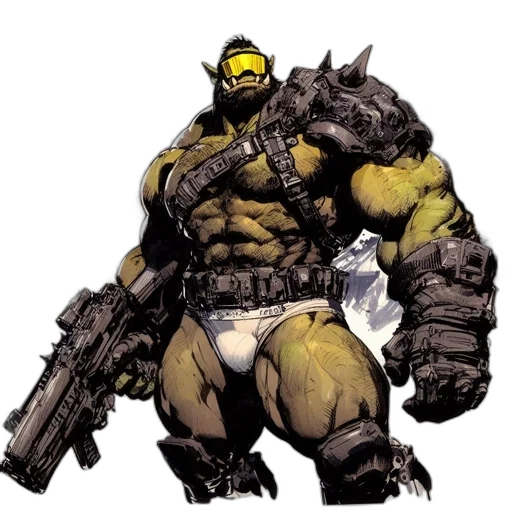 weapon, comic book art, concept art, fantasy art, pixel art, muscular, green-skinned, figure transparent PNG cut-out