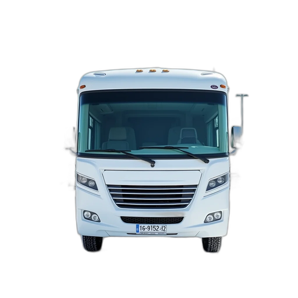 3d render, photorealistic, white, recreational, vehicle, parked, lot, clear transparent PNG cut-out