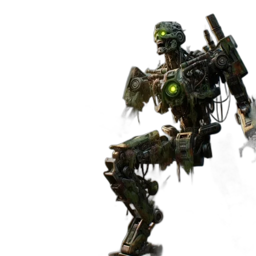 robot, weapon, concept art, 3d render, cyberpunk, green, apocalyptic, urban transparent PNG cut-out