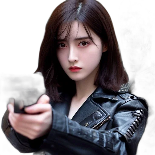 weapon, jacket, face, photorealistic, comic book art, concept art, oil painting, woman transparent PNG cut-out